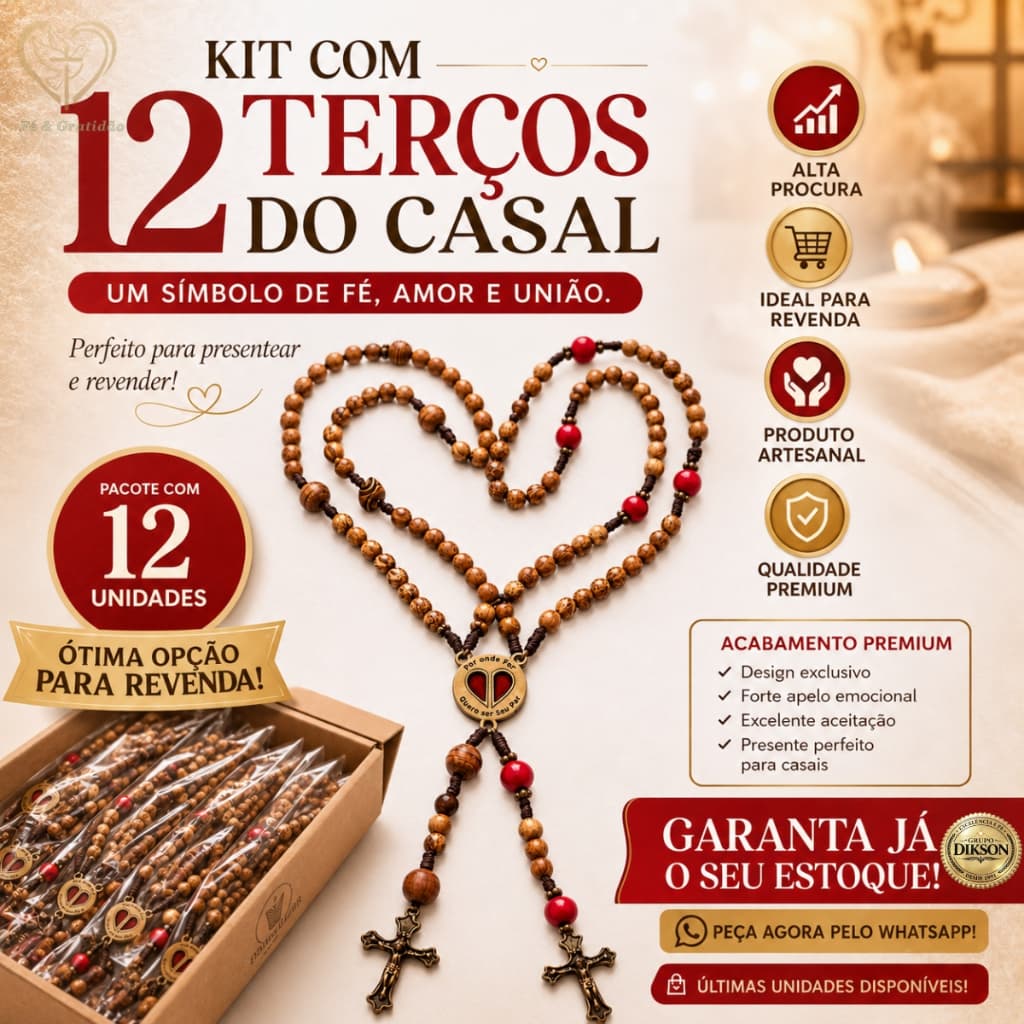 KIT 12 Terço Católico Casal Madeira metal - Namorados - Padrinhos - Noivos - "Por onde for, Quero...