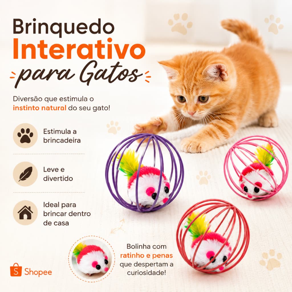 Brinquedo Interativo para Gatos Bola com Pena Rato e Gaiola Penas Colorido Gatinho