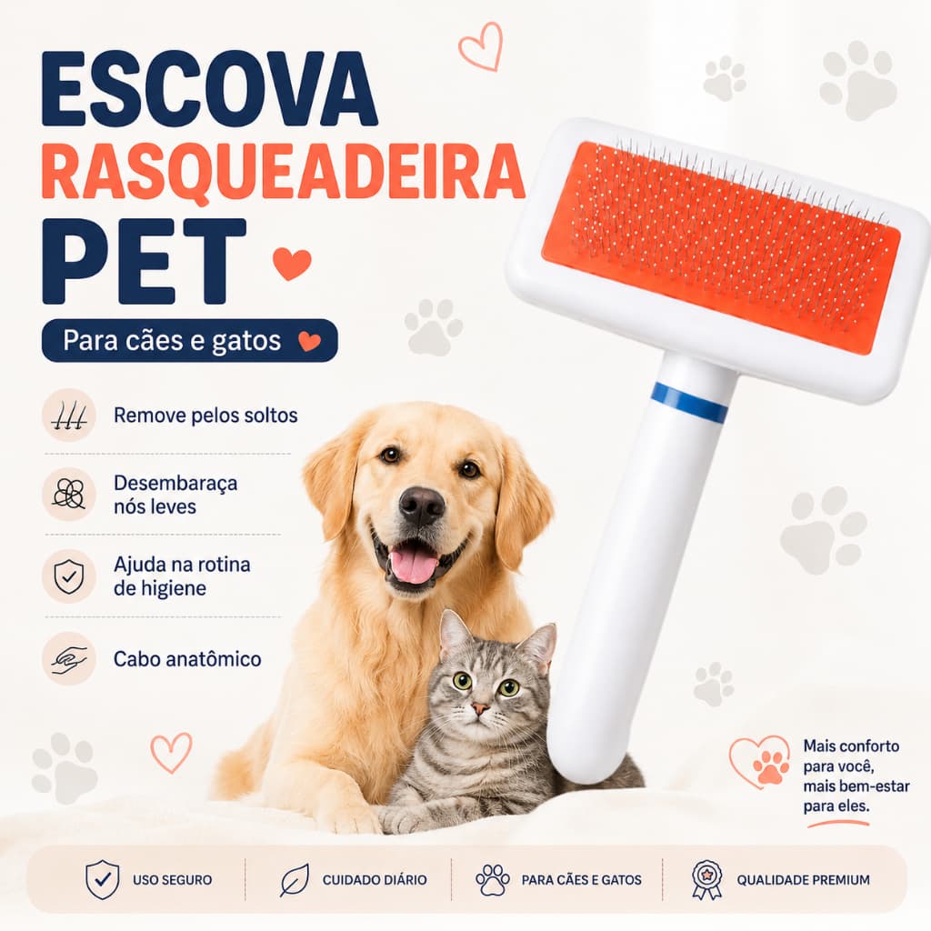 Escova Rasqueadeira Pet Profissional para Cachorro e Gato Tira Pelos