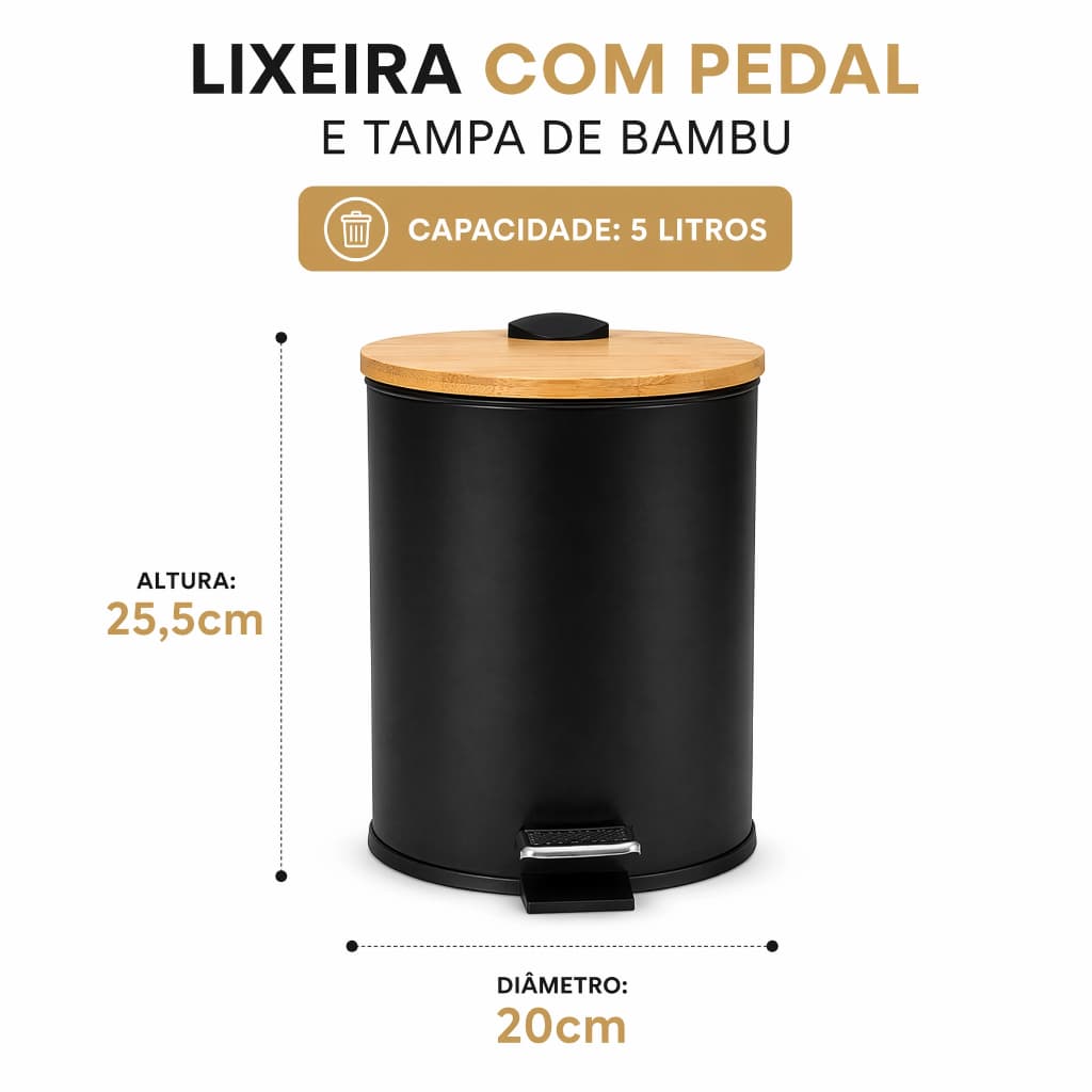 Lixeira com Pedal e Tampa de Bambu e metal 5 Litros - Preto