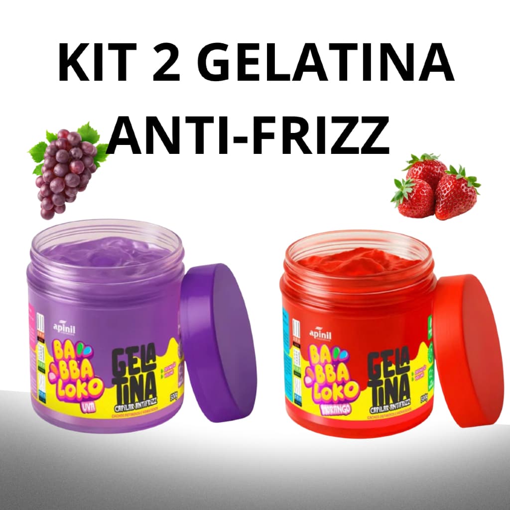 KIT 2 GELATINAS CAPILAR ANTI-FRIZZ DEFINIÇÃO CACHOS POTE 500G VOLUME MODELAGEM UVA E MORANGO
