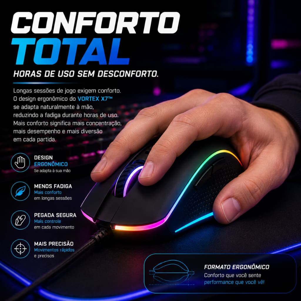 Mouse Gamer RGB 7200 DPI Alta Precisão LED Ergonômico USB para PC Notebook Gamer FPS VORTEX X7