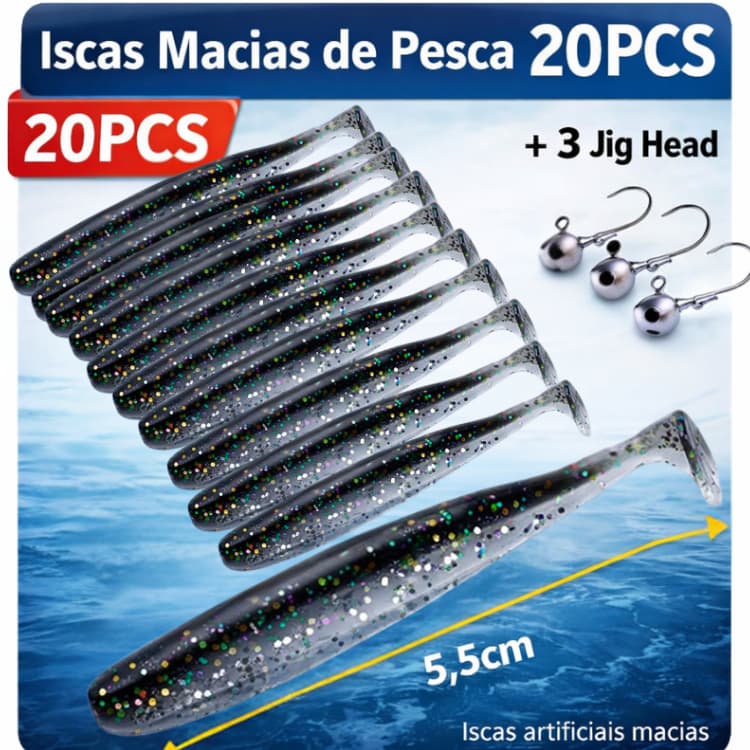 Iscas Macias de Pesca 20PCS 5,5cm Iscas artificiais macias  mais 3 jig head