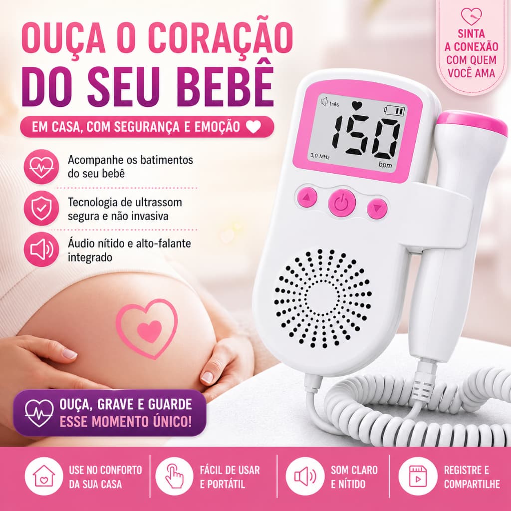 Doppler Sonar Fetal Portátil Monitor Ultrassom Ouvir Batimentos do Bebê Tela Aúdio Gravidez