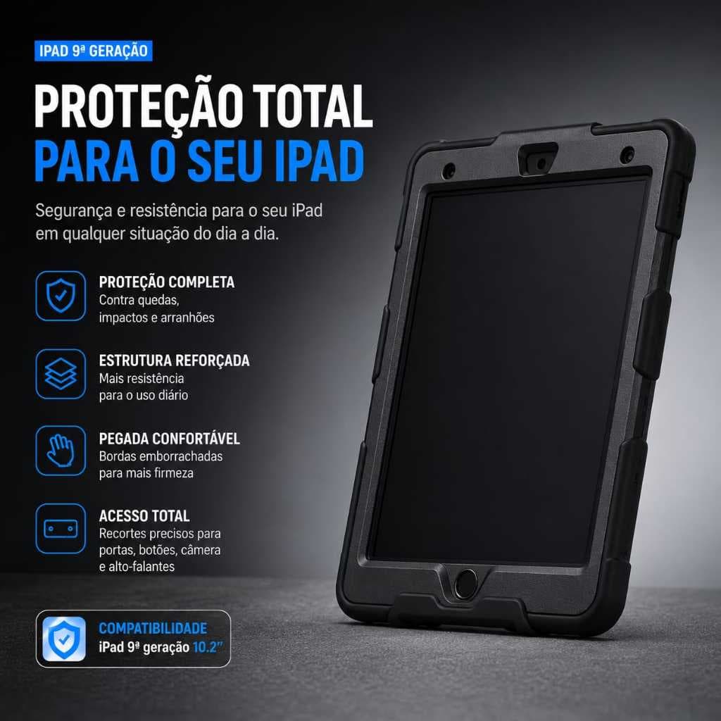 Capa iPad 10.2 Polegadas 9ª Geração Reforçada Anti Choque Suporte Mesa Apoio Traseiro Caneta Estudo