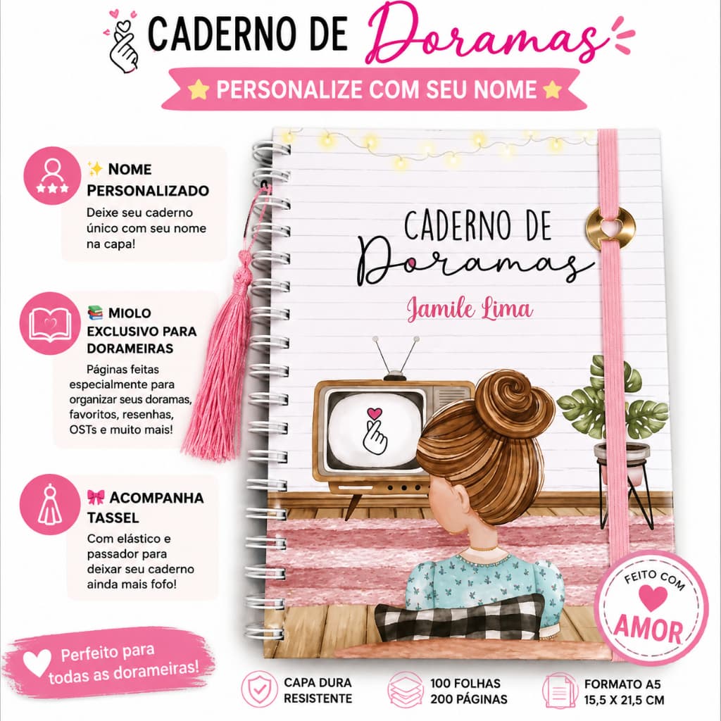 Caderno Personalizado Dorama A5 Com Nome Diário Dorameira K-Drama 100 Folhas Capa Dura