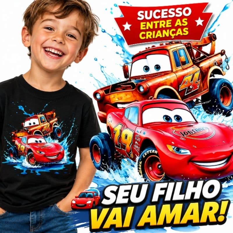 Camiseta Infantil Relâmpago McQueen Menino Carros Corrida Estampa Premium 2 a 14 Anos