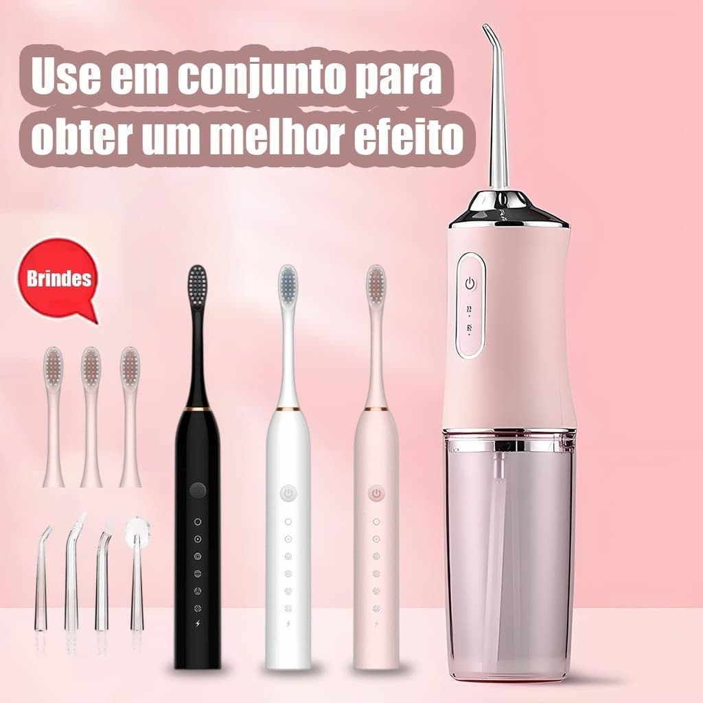Kit Dental 2 em 1 Recarregável – Irrigador Bucal + Escova Elétrica Profissional Portátil