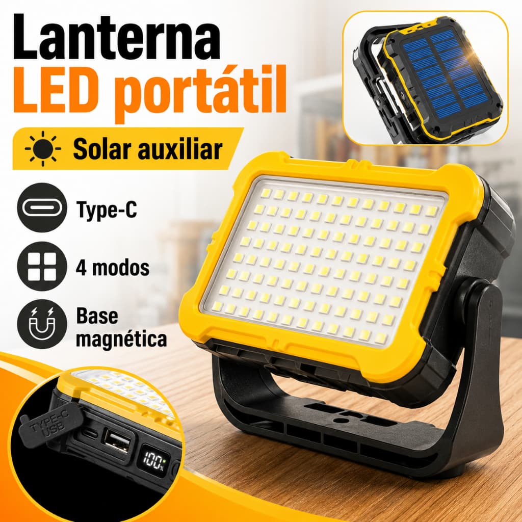 Refletor Solar LED Recarregável Lanterna de Trabalho USB Camping Barraca Mecânico