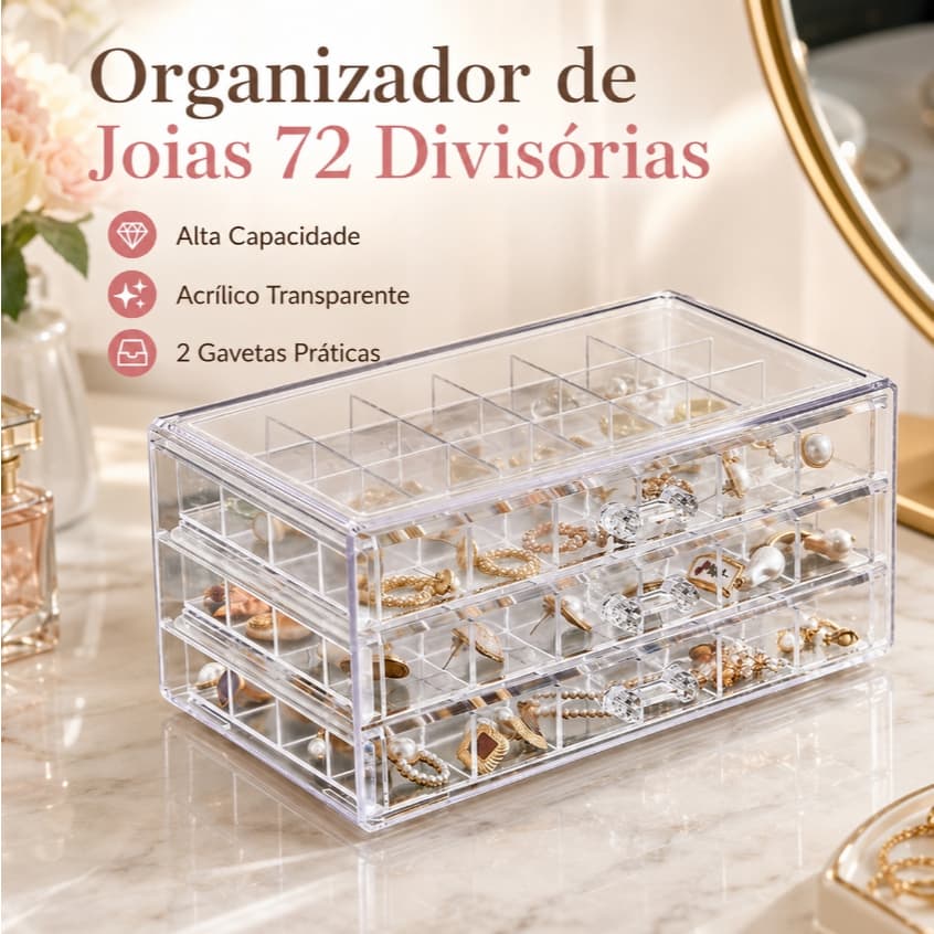 Organizador para embalagem e exibição de joias, 72 grades, acrílico, 3 camadas, caixa de jóias, grande
