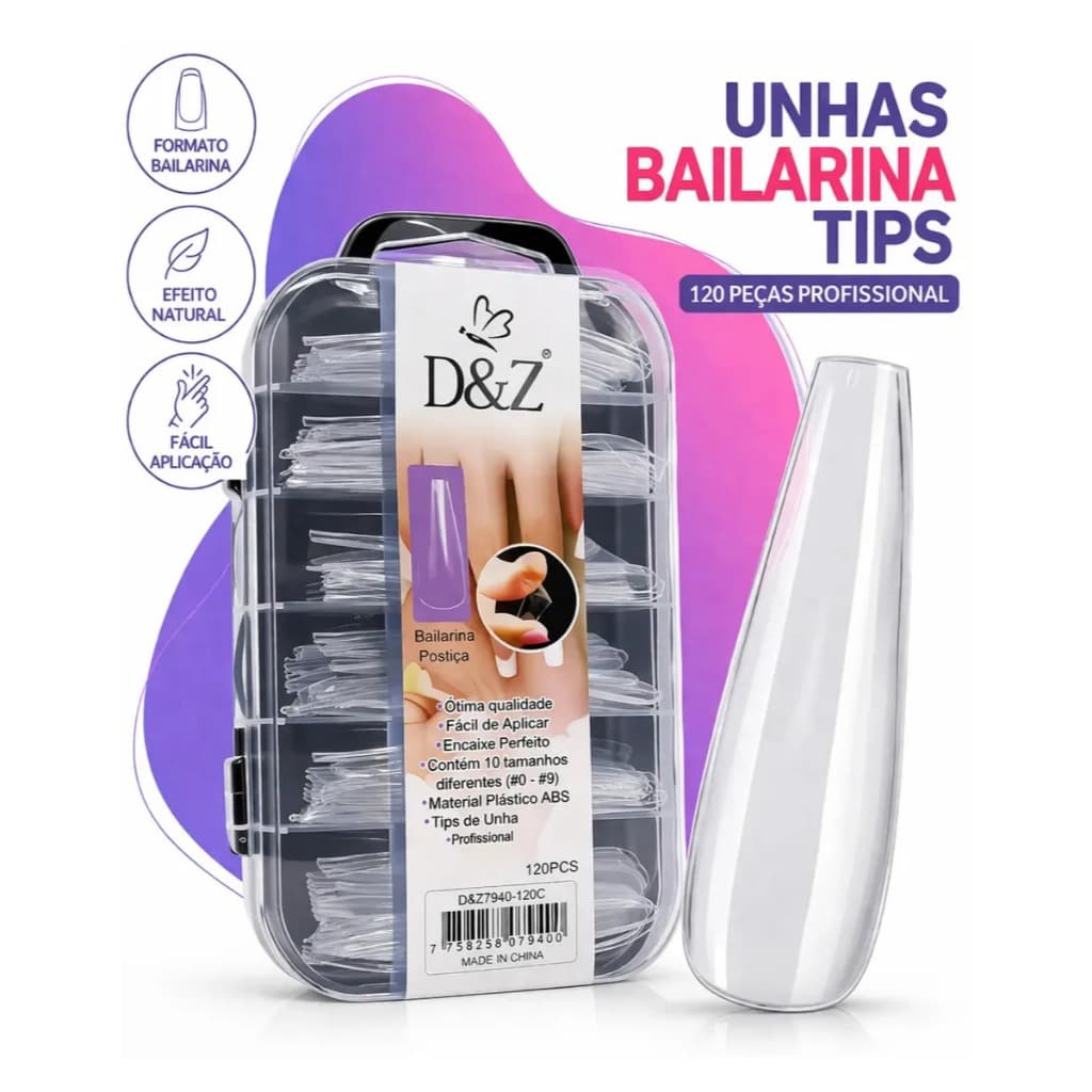 Unha Postiça Bailarina D&Z 120 Unidades ABS Tips Alongamento Gel Acrigel Porcelana Nail Designer