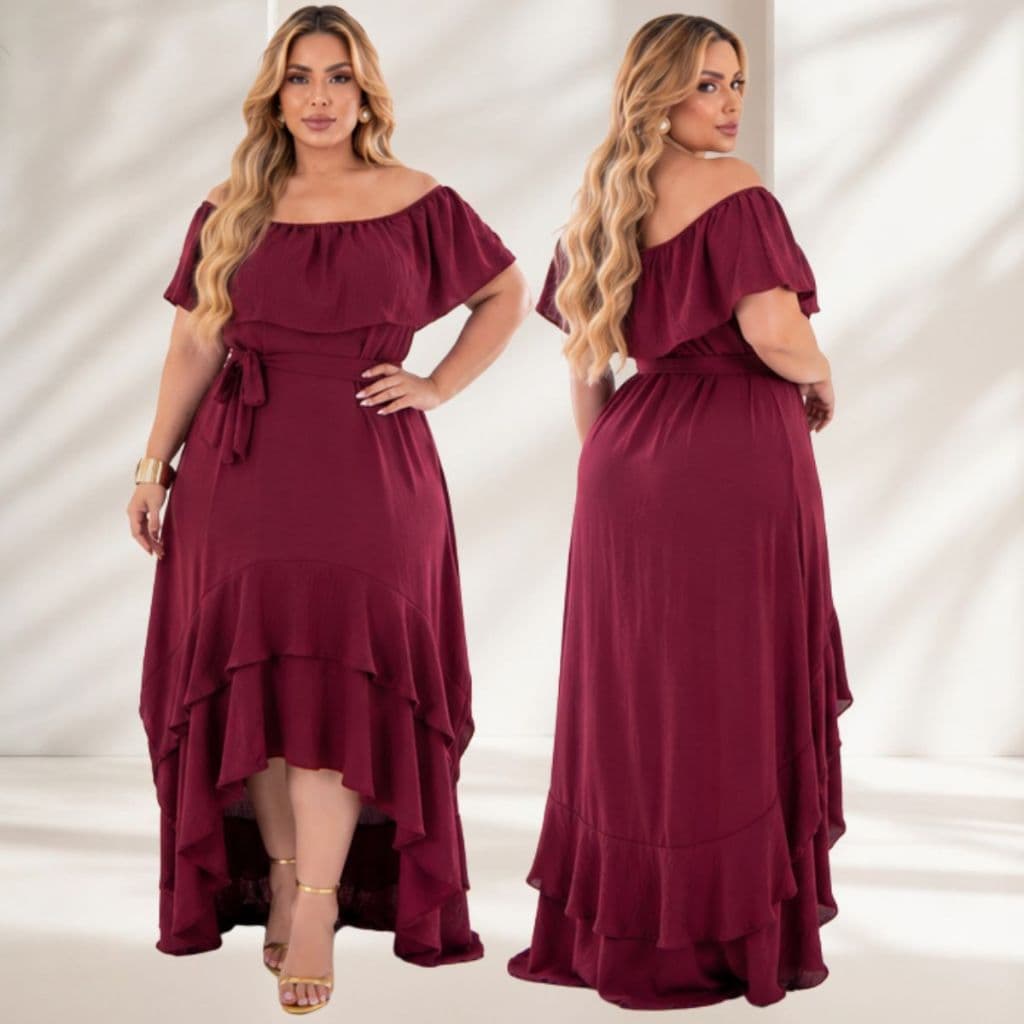 Vestido Mullet Plus Size Ciganinha Ombro a Ombro com Faixa Elegante do 50 ao 54 Moda Maior Elegante Sofisticado Chic.