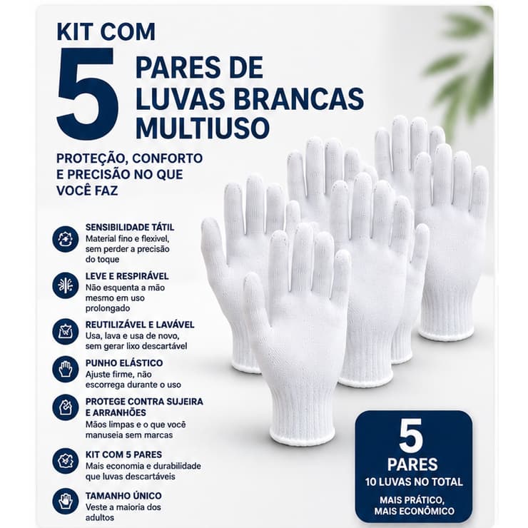 Kit 5 Pares Luva Branca Multiuso Reutilizável - Proteção Manuseio Delicado Tamanho Único