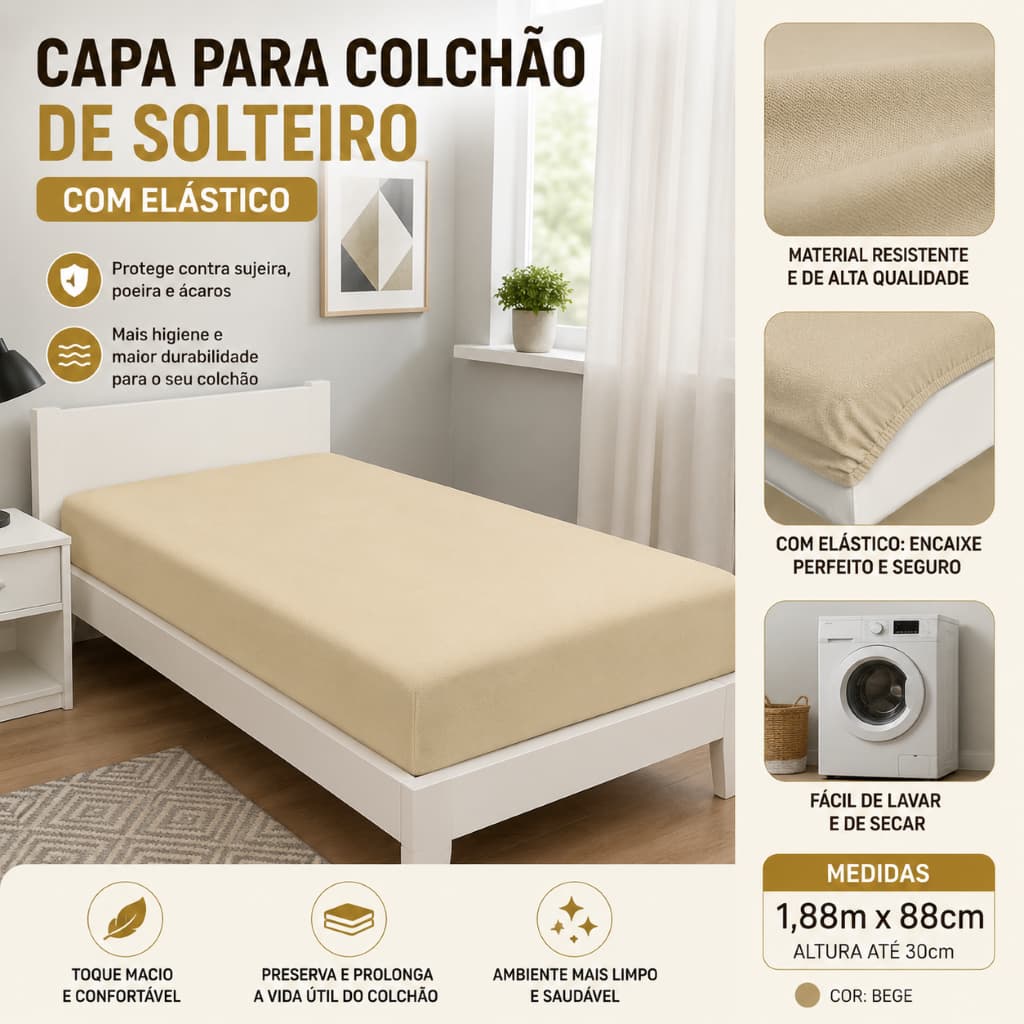Capa Protetora Colchao Solteiro Ajustavel Elástico Bege 188x88cm Conforto Durabilidade