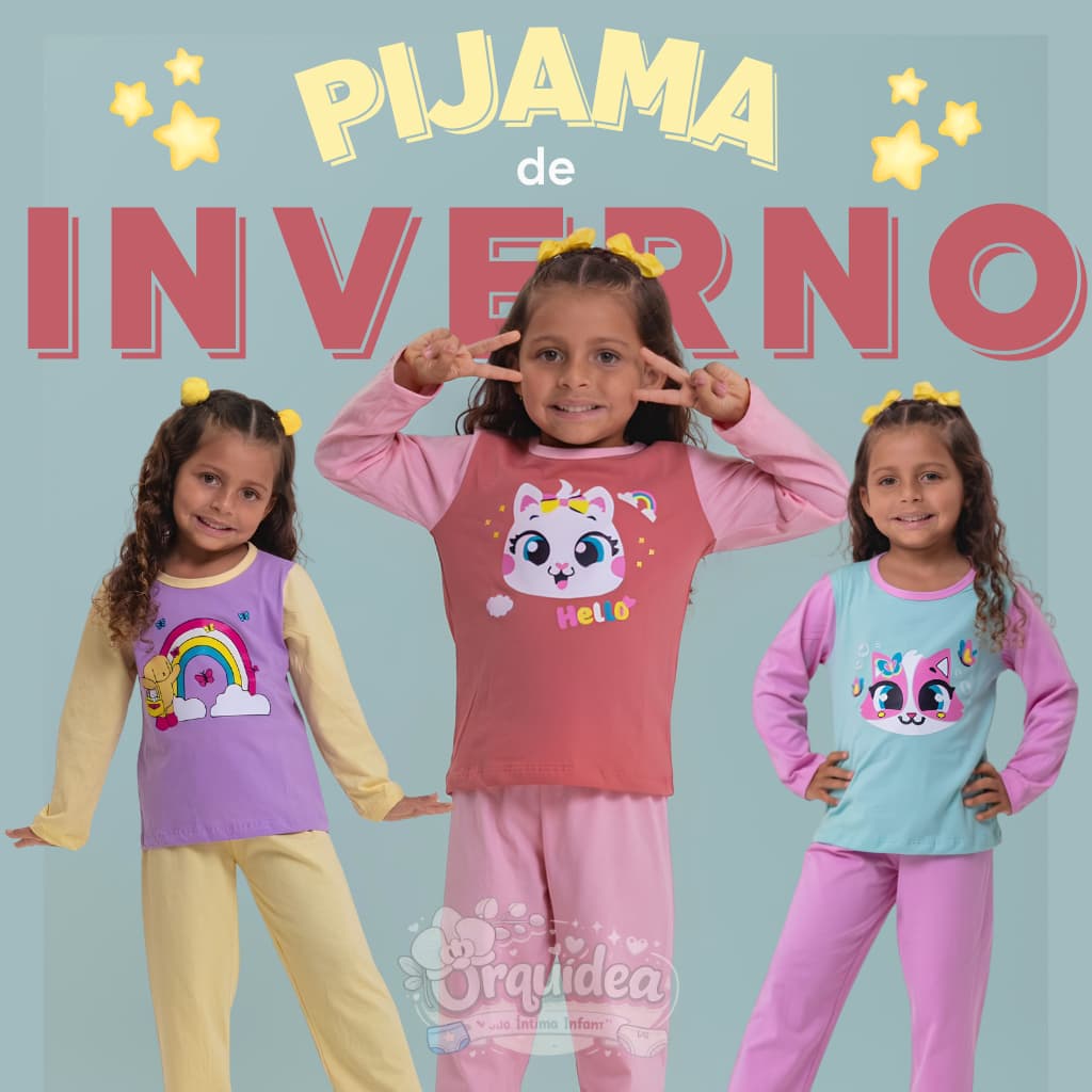 Pijama Infantil Feminino 100% Algodão Inverno Outono Manga Longa Calça Comprida Confortável Menina