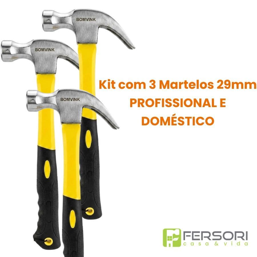 Kit com 3 Martelos Profissionais Unha 29mm Cabo Emborrachado Ergonômico Antivibração