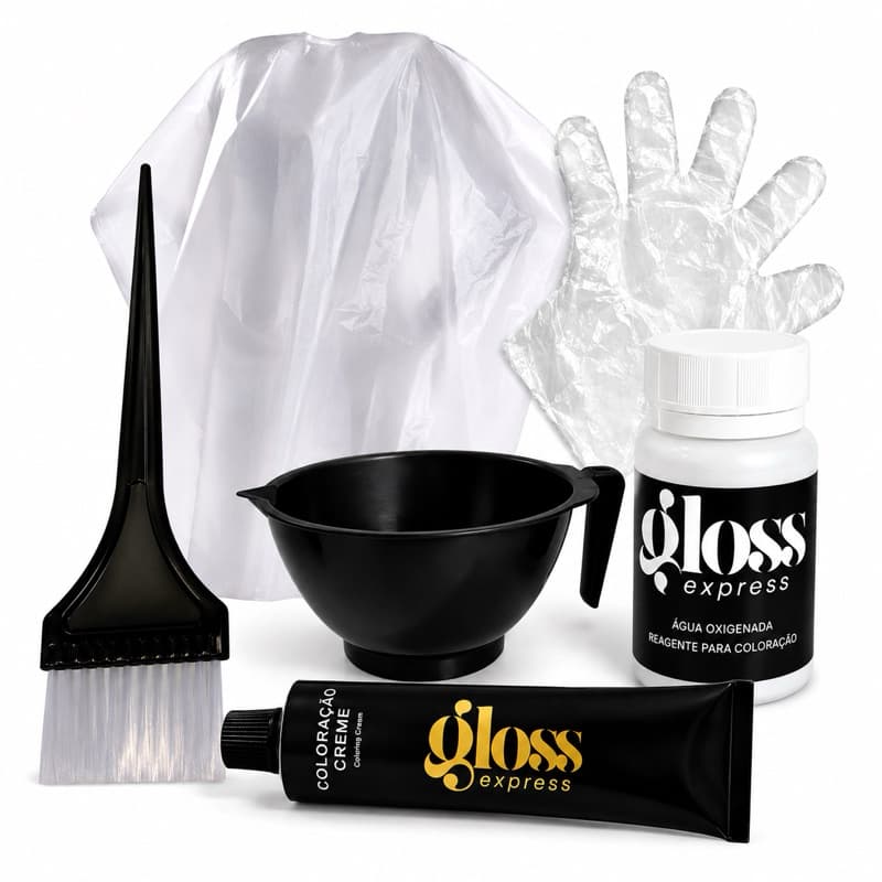 GLOSS EXPRESS KIT COMPLETO COLORAÇÃO 60G + ÁGUA OXIGENADA 70ML + TIGELA + PINCEL + LUVAS + CAPA DESCARTÁVEL