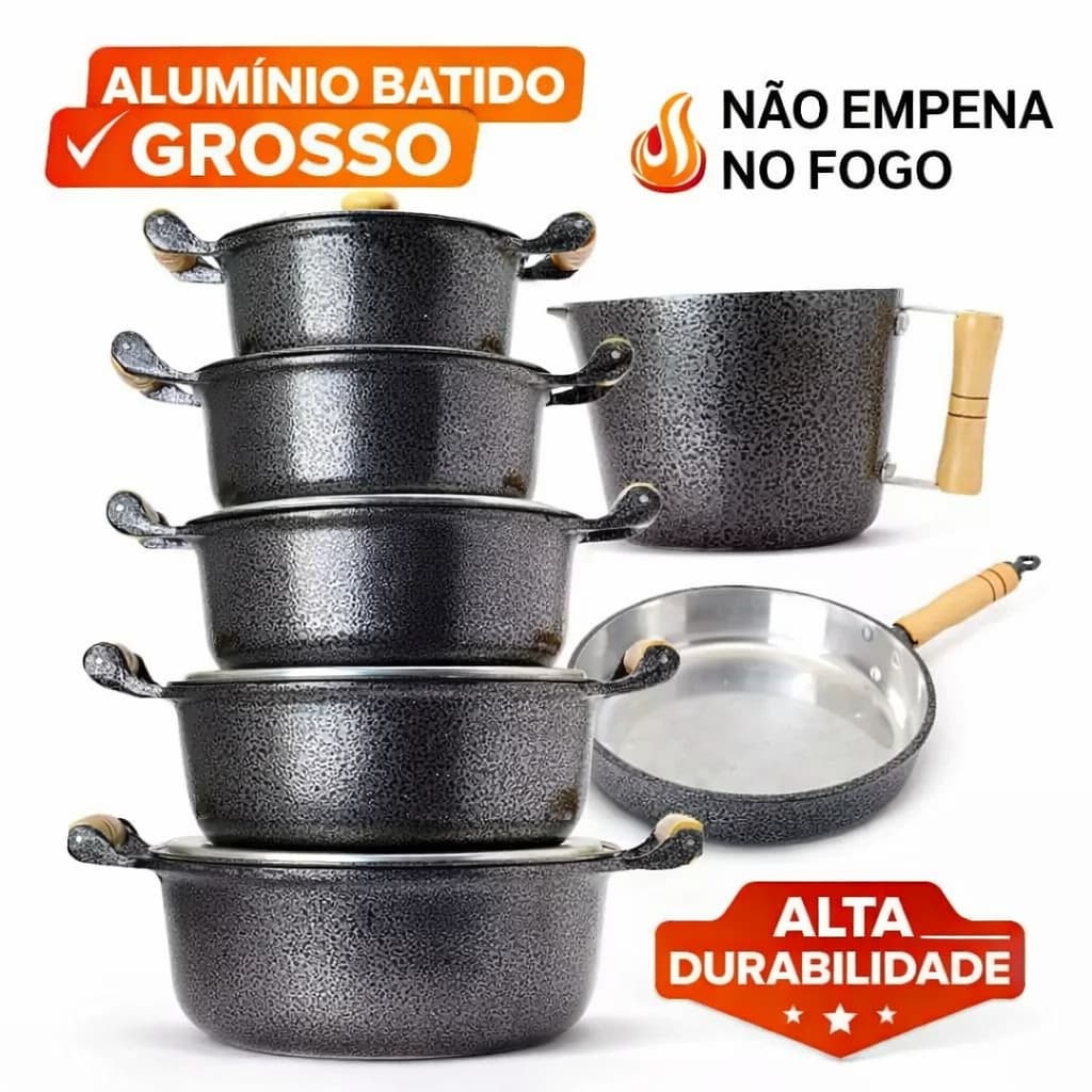 Panela Caçarola Alumínio Batido N°14 a N°24 + Canecão N°12 + Frigideira N°20 com cabos de madeira