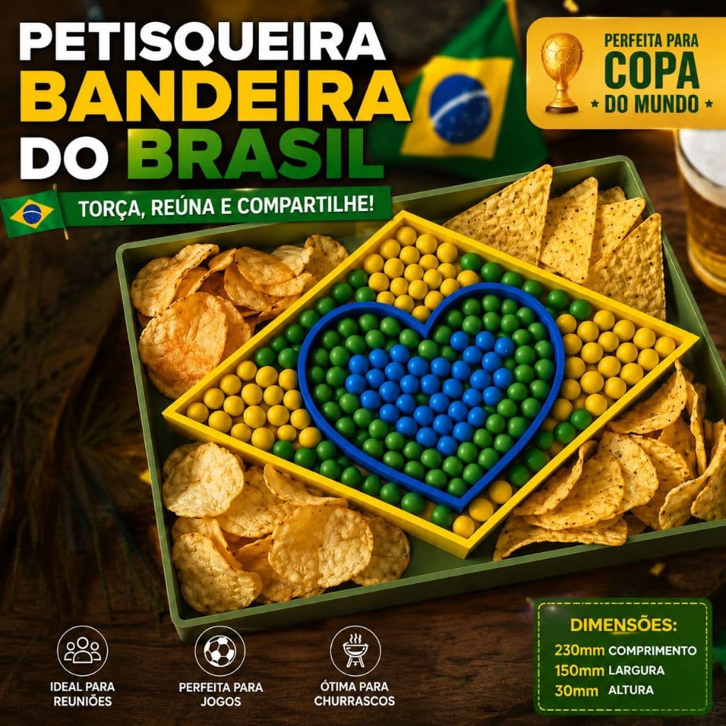 Petisqueira Bandeira do Brasil para Copa do Mundo com Molheira Central e Compartimentos para Snacks