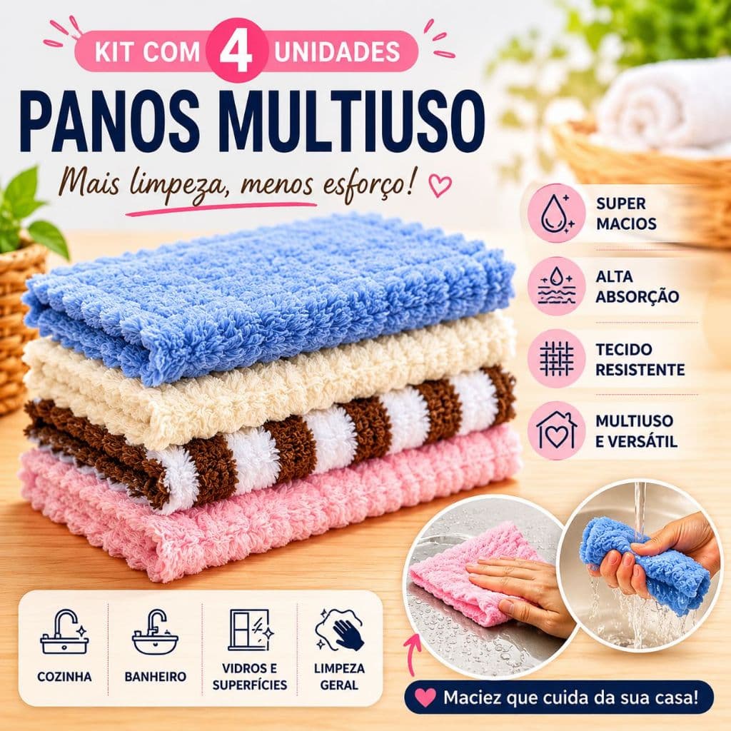 Kit Pano de Microfibra para Limpeza Cozinha Toalha Pia 4 Panos Flanela de Limpeza Sortido Banheiro