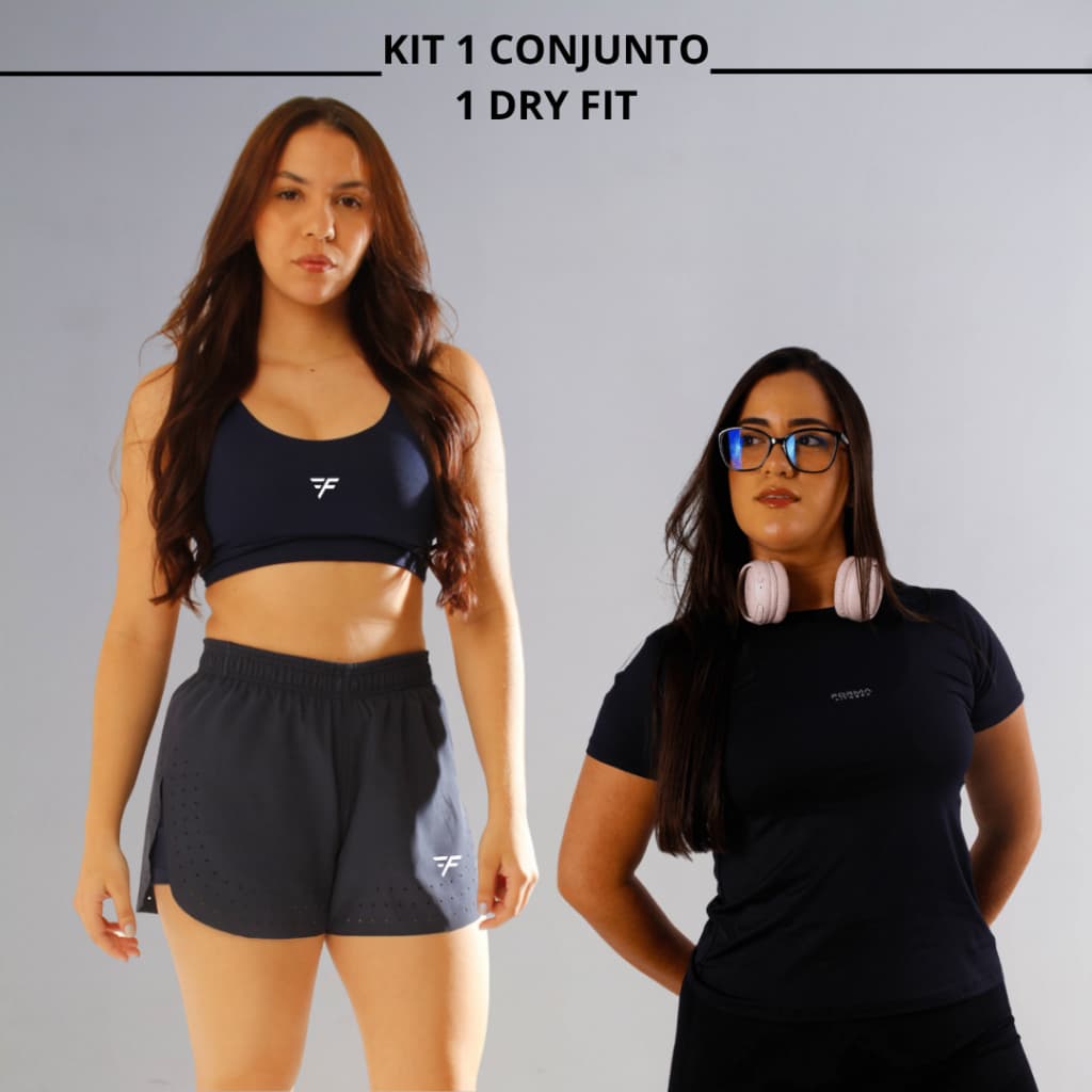 KIT FITNESS FEMININO PREMIUM – SHORT DUPLO + TOP + CAMISA BABY LOOK DRY FIT