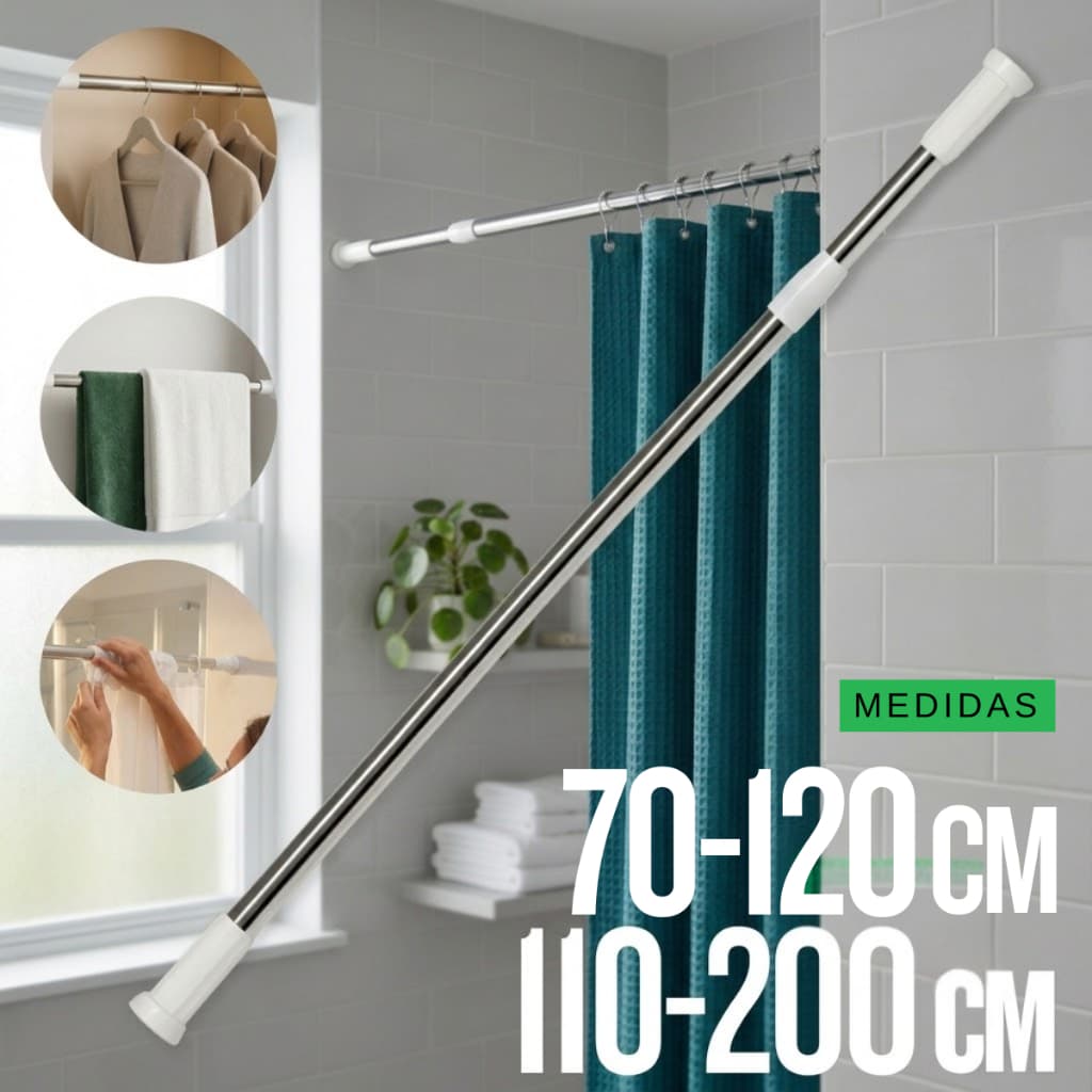 Varão Extensivel Grande 70x120cm e 110x200cm Medida Em Inox Resistente Porta Cortina De Box Banheiro Cabideiro Multiuso