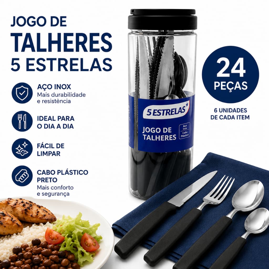 Jogo de Talheres Inox 24 Peças Cabo Plástico Preto Completo para Cozinha Mesa Refeições