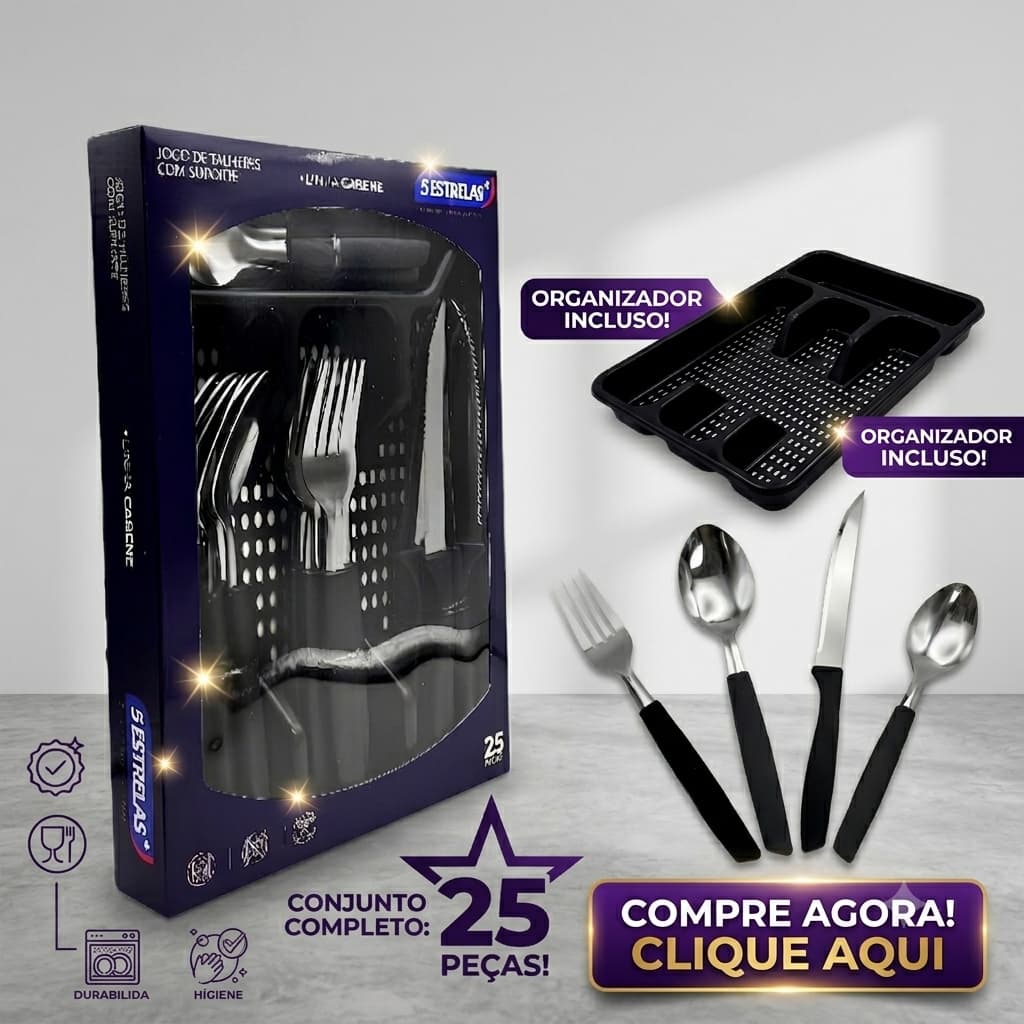 Jogo de Talheres Inox 25 Peças Cabo Preto Faqueiro Completo Resistente Elegante para Mesa