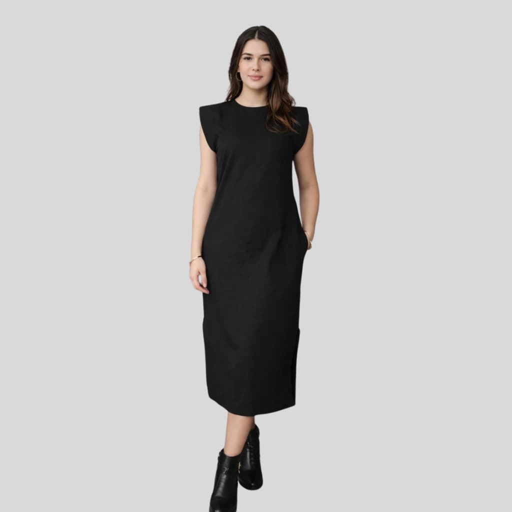Vestido Midi muscle tee regata com bolso lateral Basico liso com fenda curta lateral liso