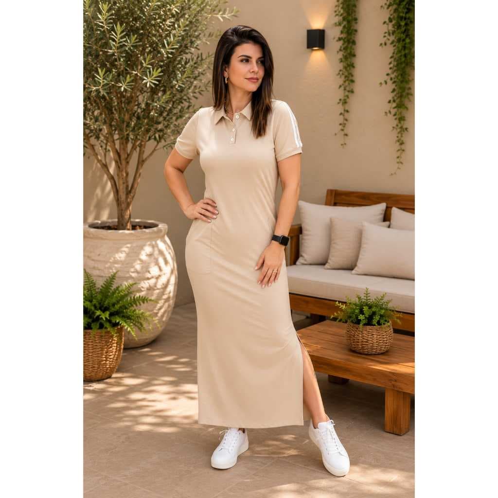 Vestido Polo Feminino Longo Malha Moletinho com Bolsos, Fenda Lateral e Botões Casual Elegante