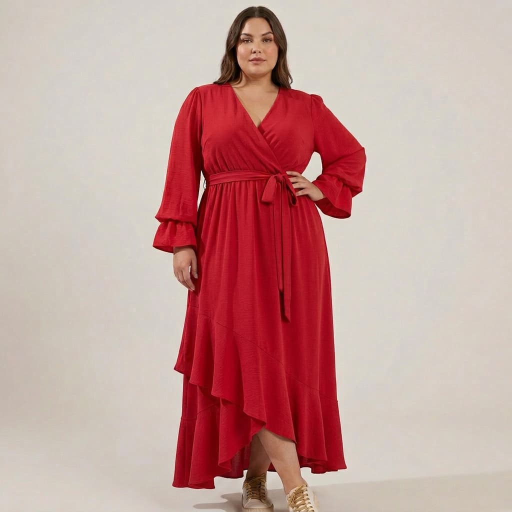 Vestido Feminino Longo Plus Size Elegante Decote V Amarração Cintura Sofisticado