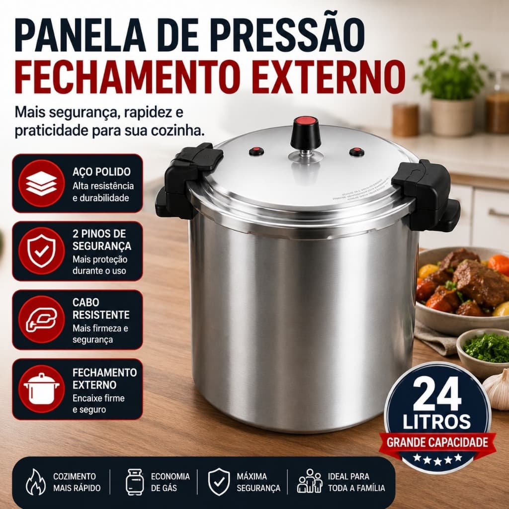 Panela de Pressão com Fechamento Externo Aço Polido  7L 10L 20L 24L Uso Doméstico e Profissional