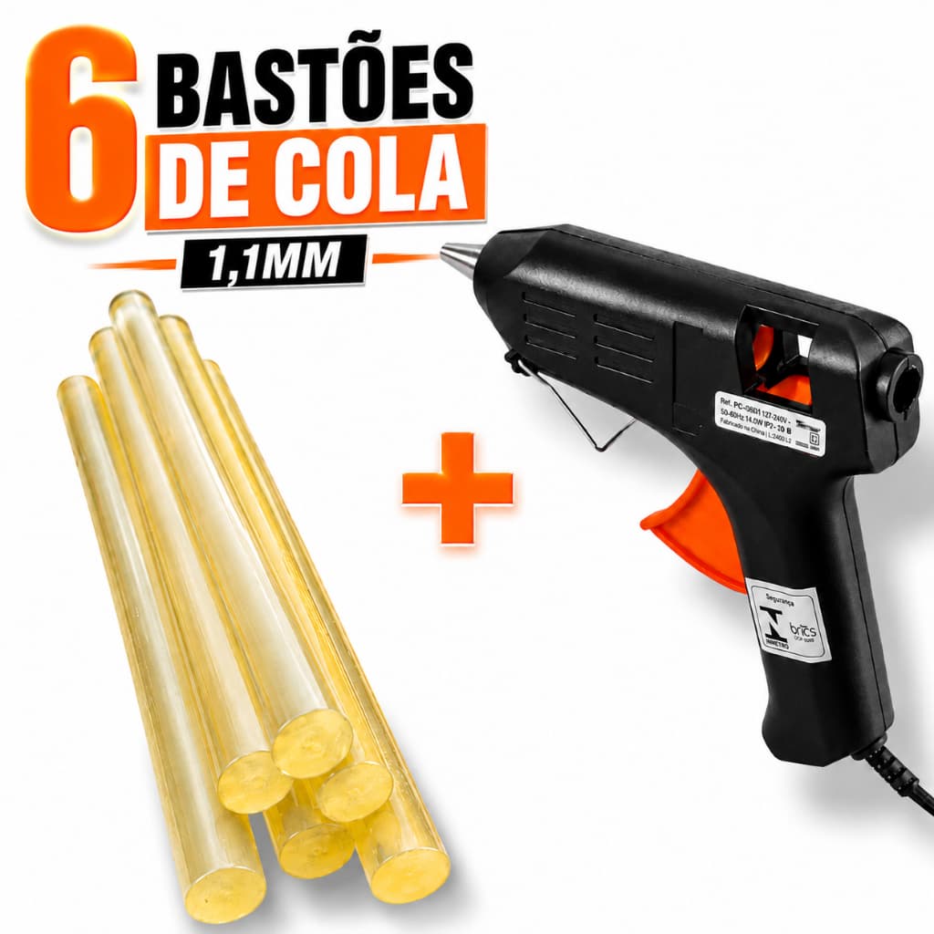 Pistola Aplicadora de Cola Quente 40W Profissional Bivolt + 6 Bastões Cola Quente 1,1mm