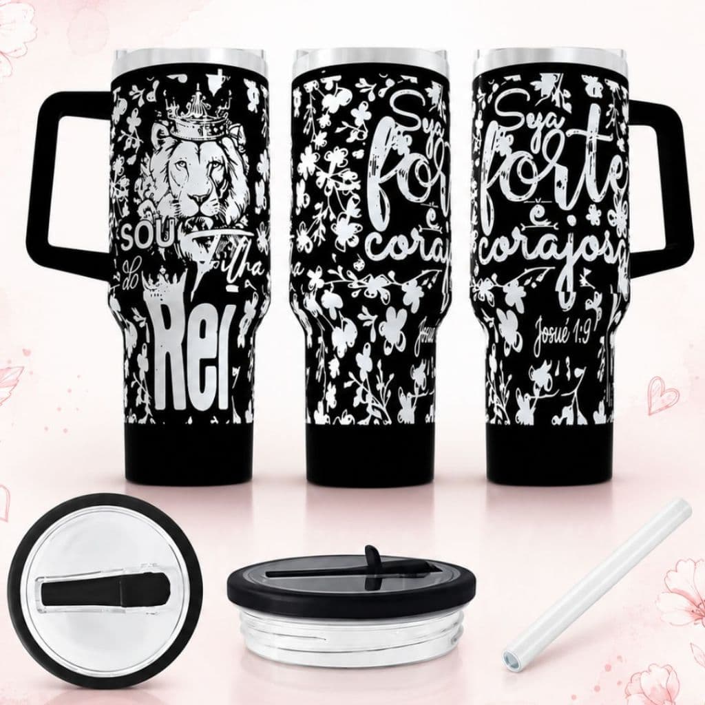 Copo Térmico 1200ML COPÃO arte a laser 360º graus arte no copo inteiro tema: LEOA FILHA DO REI SEJA FORTE E CORAJOSA