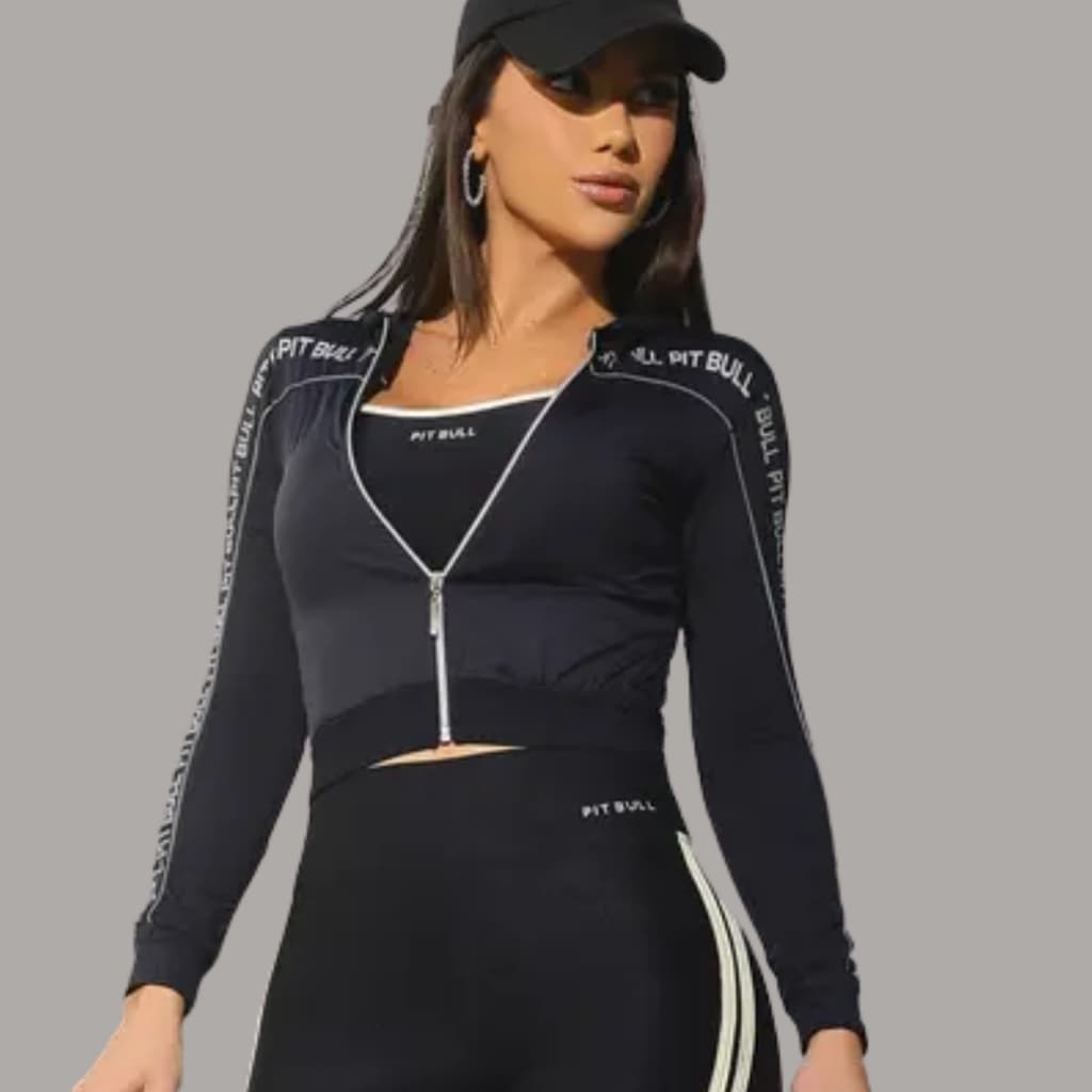 Jaqueta Fitness  feminina Versátil e Confortável com Capuz e Elásticos Personalizados Pit Bull Jeans Luxo