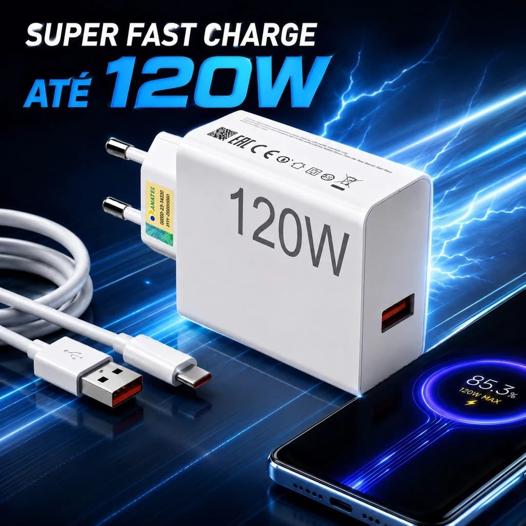 Carregador 120W Turbo Super USB-C Carga Rápida, Cabo Duplo Tipo C