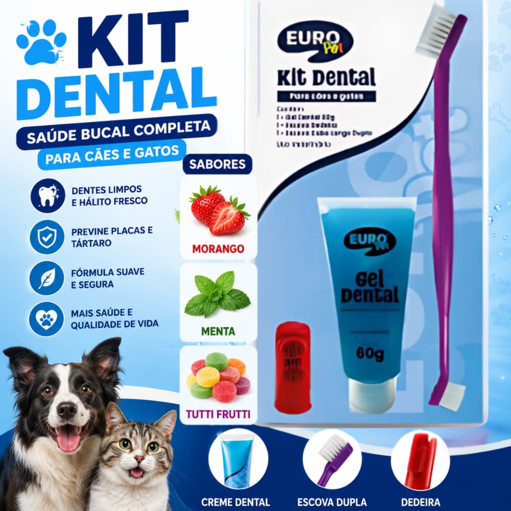 Gel Dental Escova de Dente e dedeira Kit Higienico para Cães E Gatos Euro Pet escova dupla