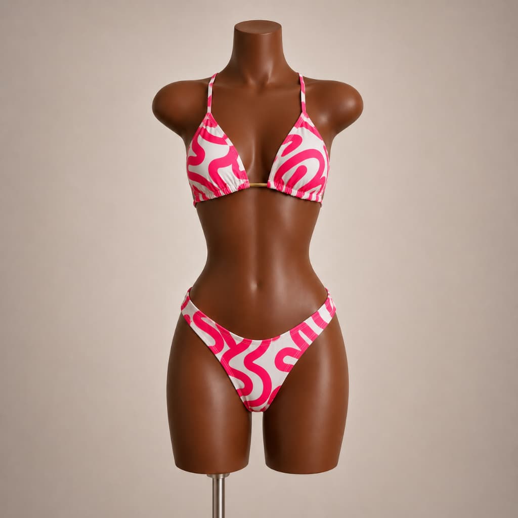 Conjunto Biquíni Cortininha + Shortinho | Look Feminino Praia Verão Estiloso e Colorido Estampa Pink Rosa Trikini