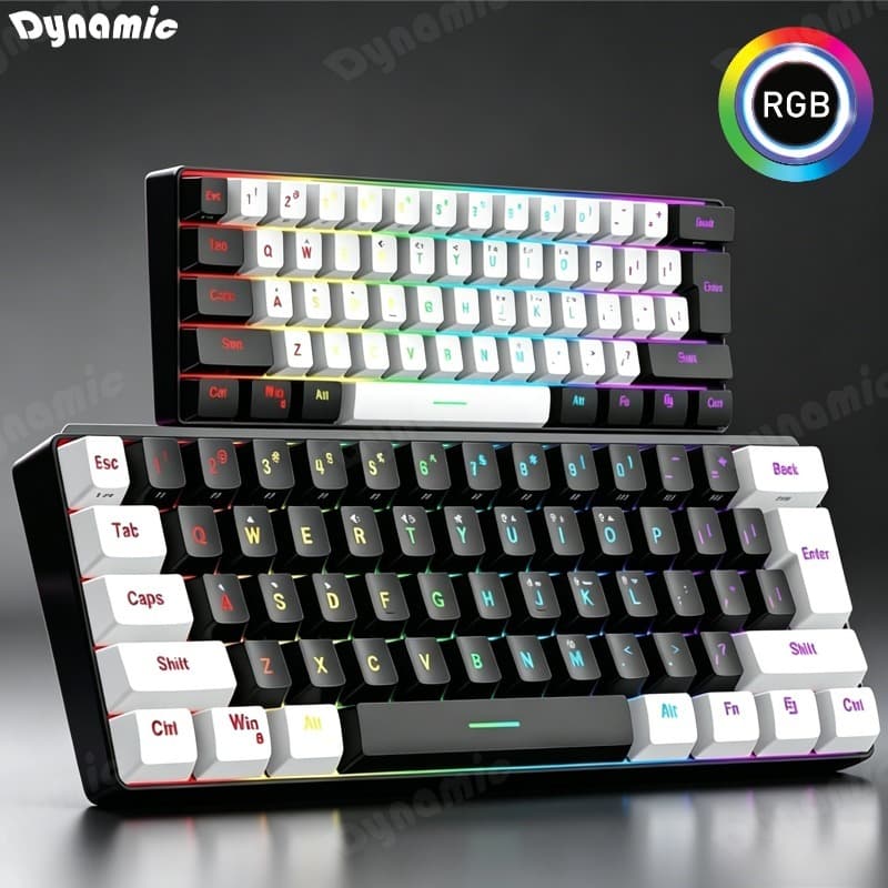 Teclado para jogos com fio 61-Key RGB Backlight Mini Compact USB-C Cabo de alimentação plugável -DC