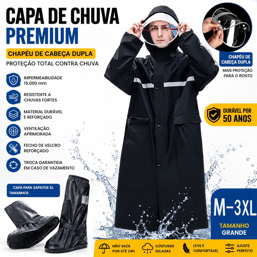 Capa de Chuva PVC Impermeável Para Moto Masculino Feminino Com Viseira Transparente e Capa Sapato