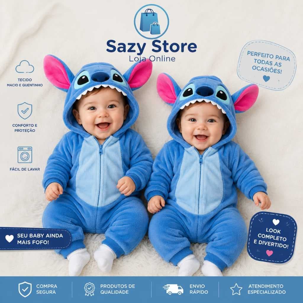 Kigurumi Infantil Stitch Para Bebês Macacão Pijama Pelúcia Confortável Fofo