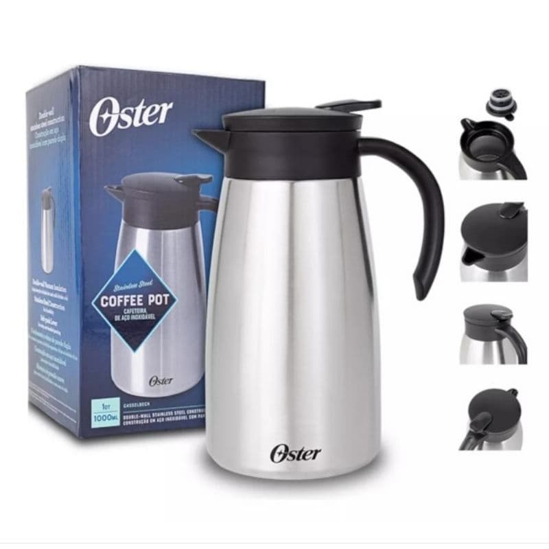 Garrafa Térmica 1000ml Oster P/ Café Chá Aço Inox Prata Com Alça Preta Casselbeck