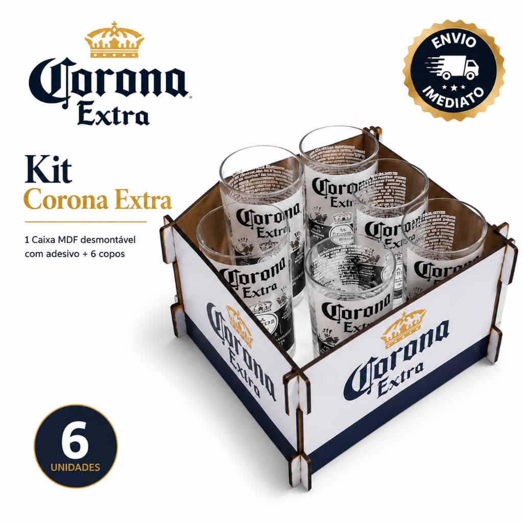 : Kit Jogo 6 Copos Corona Extra Com Caixa MDF Desmontavel Adesivada Envio Imediato