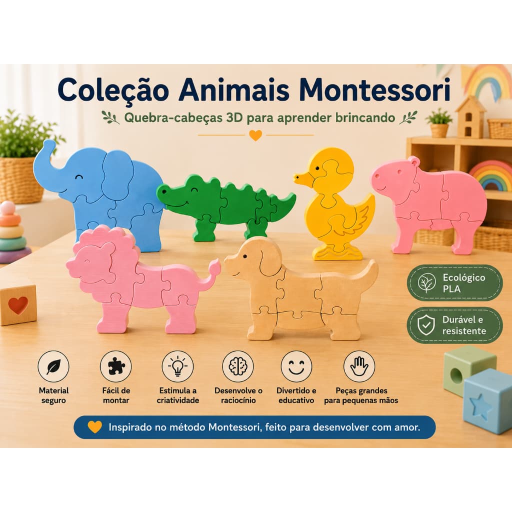 Quebra-Cabeça Educativo Infantil | Coleção Animais Montessori |Diversos Modelos