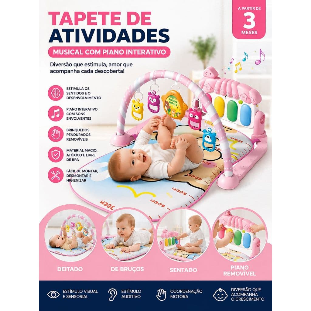 Tapete Bebê Musical Piano Interativo Brinquedo Educativo Sensorial Rosa