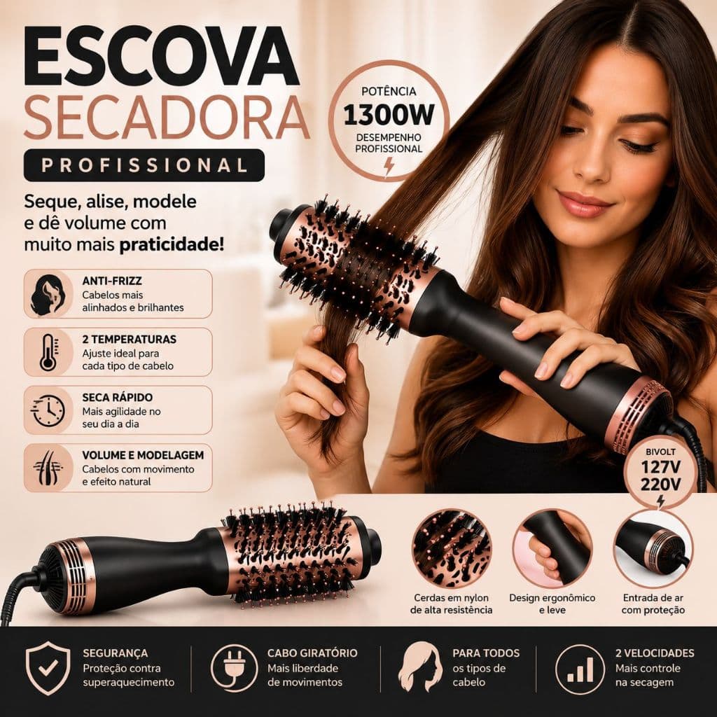 Escova Secadora de Cabelo Profissional Bivolt 1300W Anti-Frizz Preta com Rosa