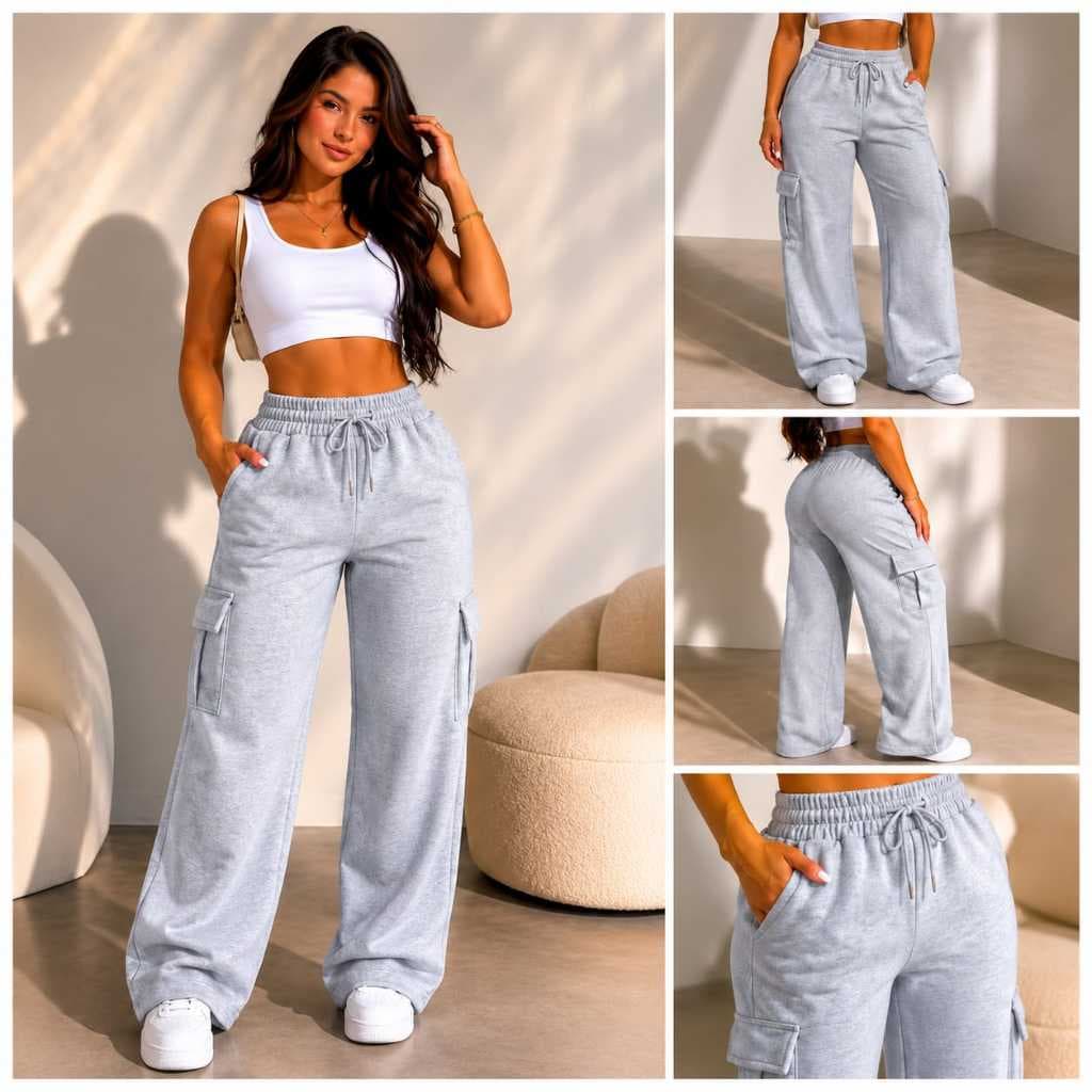 Calça Moletom Cargo Feminina Wide Leg Bolso Lateral Confortável Calça Moletom Cargo Feminina Wide Leg Cintura Alta Bolso