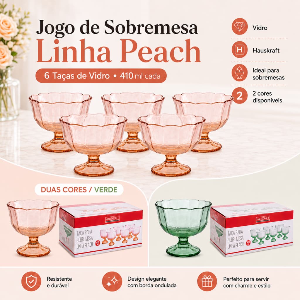 Jogo de Sobremesa Taças de Vidro 6 Peças 410ml Peach Hauskraft