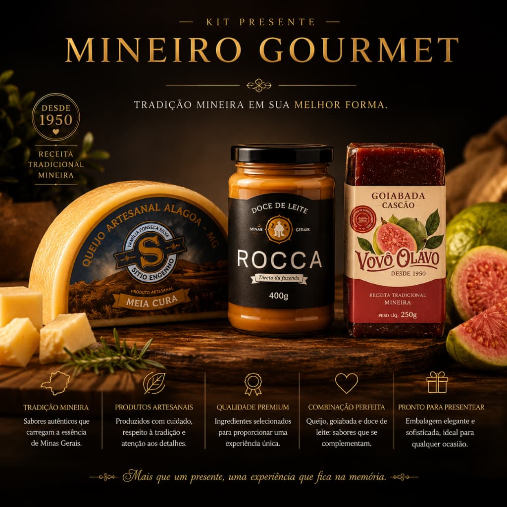 Kit Mineiro Queijo Alagoa Meia Cura + Goiabada Cascão Vovô Olavo 250g + Doce de Leite Rocca 400g