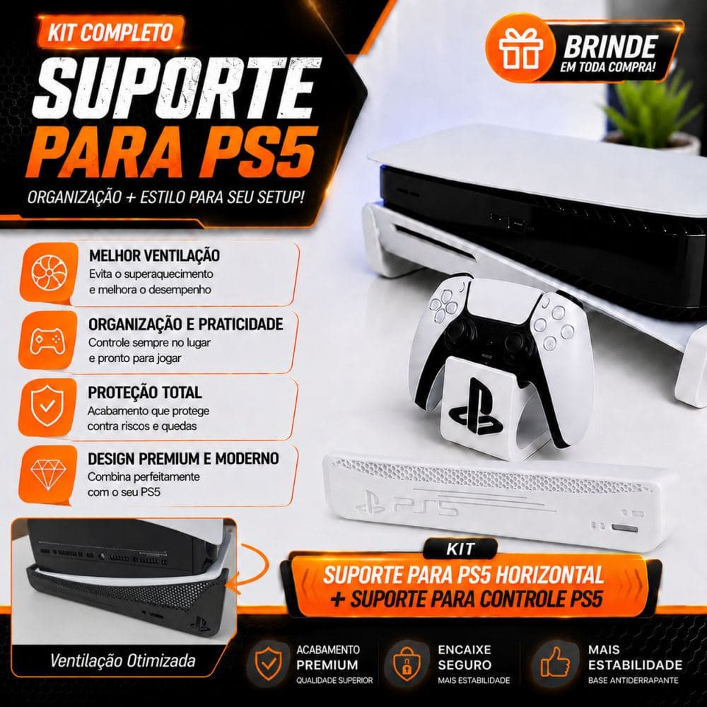 Kit Suporte Base Horizontal PS5 FAT com Disco Deitado Estilo Colmeia Playstation 5 Stand + Suporte Controle PS5 Organiza
